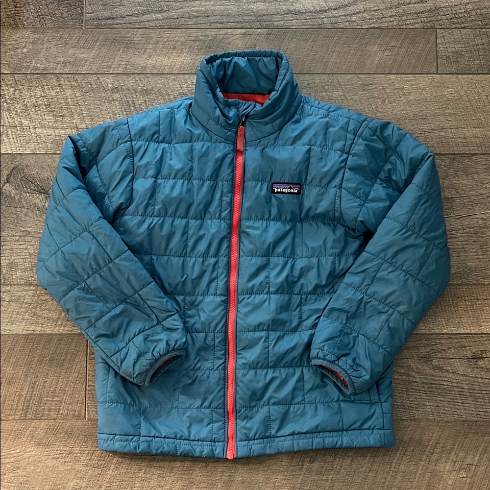 Patagonia Kids Teal Puffer Jacket with Coral Zipper